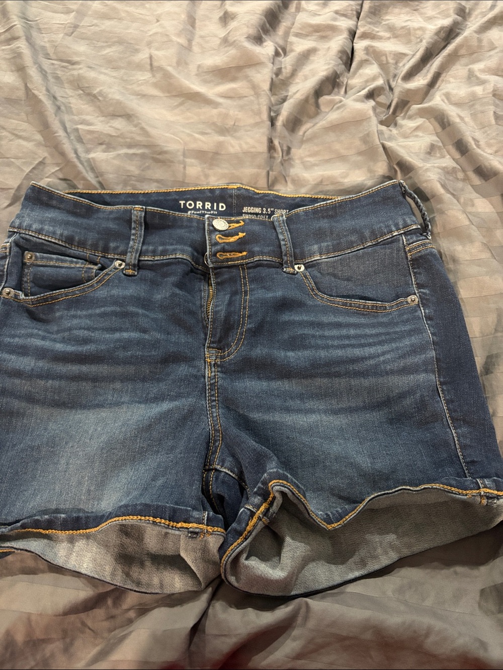 torrid dark indigo denim shorts with contrast stitching